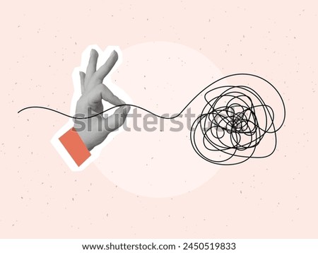 A hand pulls a thread from a tangled ball. Concept of problem solving and eliminating uncertainty. Vector illustration in a modern collage style