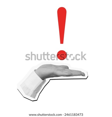 A hand holding a red exclamation point. Vector illustration in a modern collage style