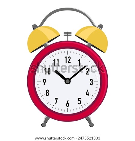 Flat red alarm clock. Vector illustration isolated on white background