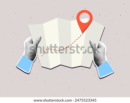 Hands holds a map with a way and a red pin mark. Target or destination concept. Modern collage vector illustration