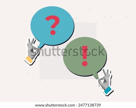 Black and white hands holds a color speech bubbles with a question mark and an exclamation mark. Dialogue concept. Vector illustration in a modern collage style