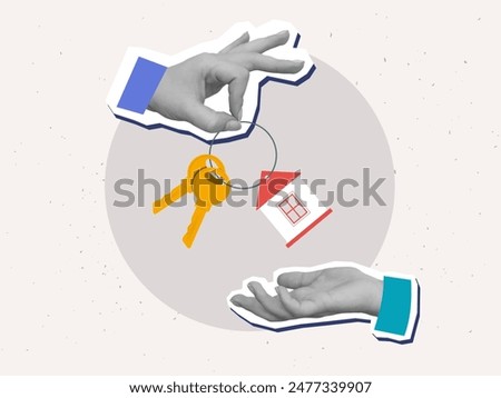 One hand gives and another hand takes a bunch of two keys with a keychain in the shape of a house. Keys to the apartment. Vector illustration in a modern collage style