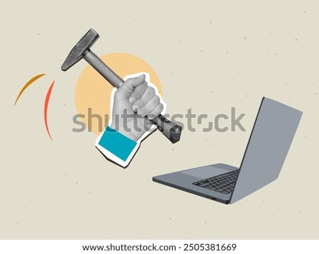 A hand with a hammer swings at a laptop. Modern collage vector illustration