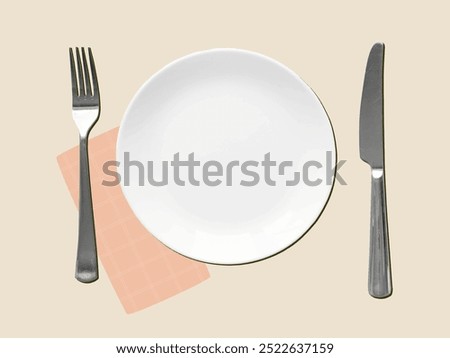 Served table - empty white plate, fork knife and napkin, top view. Modern collage vector illustration