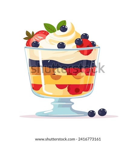  trifle with chocolate biscuit, banana and strawberry cream and berries Sweet dessert in glasses VECTOR ILLUSTRATION
