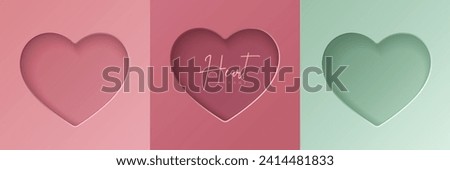 Set of pastel pink and mint green soft 3D heart shape frame design. Collection of geometric backdrop for cosmetic product display, valentine day festival design, presentation, banner, cover and web.