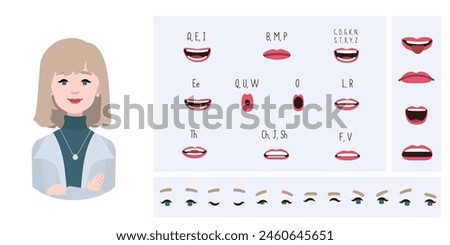 Business office woman avatar creation suitable for animation. Generator, constructor of diverse eyes, lips, emotion expressions mouth animation and lip sync. Woman character face construction.