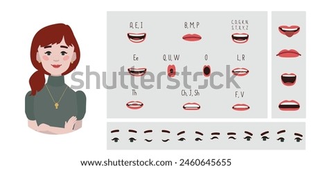 Business office woman avatar creation suitable for animation. Generator, constructor of diverse eyes, lips, emotion expressions mouth animation and lip sync. Woman character face construction.