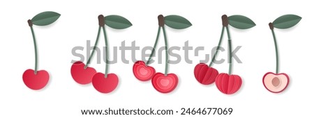 Set of 3d papercut cherry sliced cutout stone fruit. Summer cherries layered fruits. Juicy food elements for restaurant, food, drinks, bars, recipes, summer, sweets, vegan, social media, presentation 