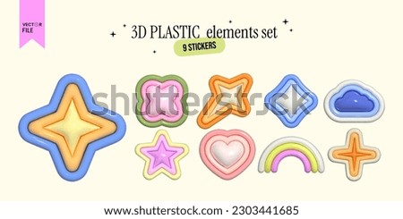 Vector illustration - Set of groovy colourful stickers. Inflated 3D elements with plasticine effect. Trendy shapes -  Stars, Heart, Cloud, Rainbow, Flower.