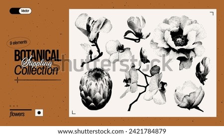 Set of different flowers. Vintage plant elements with a grainy photocopy effect. Grunge dotted stickers with stippling effect. Vector illustration.