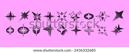 Pixel Y2K stars. Set of trendy different bitmap graphic elements. Retro futuristic clip art shapes for collage or retro design. 8 bit. Vector illustration.