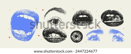 Grunge grain eyes and mouths with a xerox or photocopy effect in a pop art style. Dotted elements with halftone stipple effect for gothic collage design. Vector illustration.