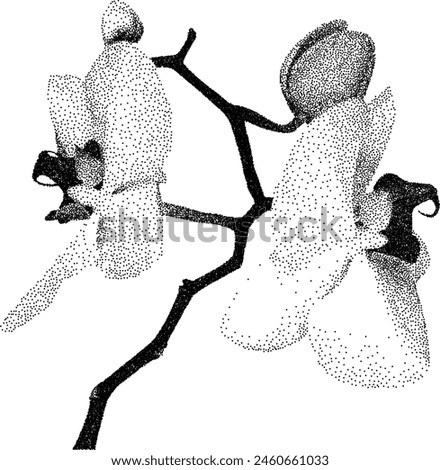 Grunge grain orchid with a xerox or grainy photocopy effect. Dotted flower with halftone stipple effect for gothic collage design. Vector illustration.	