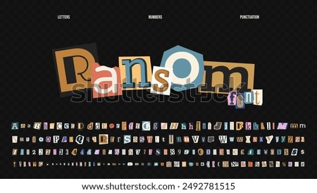 Retro Ransom Note Fonts. Vintage clippings of anonymous letters, numbers, punctuation marks from magazines. Alphabet for grunge design. Collage cutout scrapbook typeface design in a pop art style.