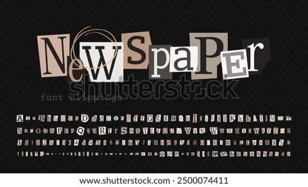 Vintage Newspaper Ransom Note Fonts. Collage cutout detective letters, numbers, punctuation. Trendy anonymous alphabet for grunge design. Clipping scrapbook typeface design in a pop art style.