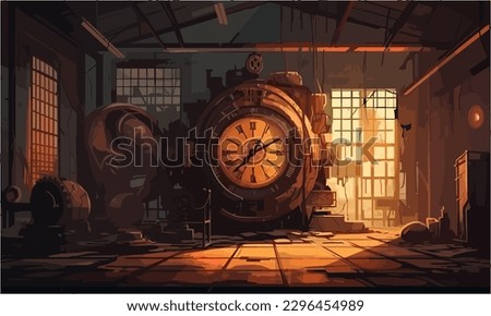 Time machine insdice of a warehouse, storage room, sun dawn, vector art, background for video games