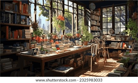 Anime background scene of a library at home, plants, warm romantic scene, ghibli style, vector art