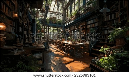 Anime scene bakground if a living room full of books, library, plants, vector art, studio ghibli style