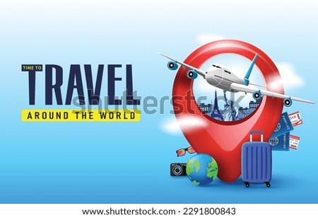 Time To Travel Around the world Navigation Pin with Landmarks and Airplane on the Clouds with Globe and Luggage Including Passports and Plane Tickets. Vector Illustration