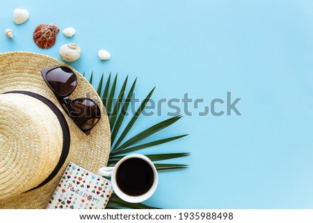Similar – Image, Stock Photo Tropical flat lay of three vegan popsicle and half of ripe pineapple on cyan background