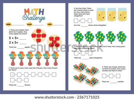 flat design vector mathematics challenge counting learning printable worksheet for kids activity