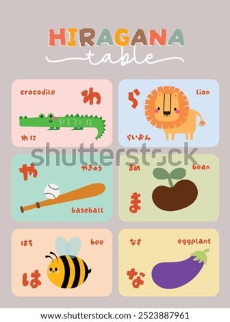 flat design cute kawaii hand drawn learn Japanese hiragana alphabet language flashcard collection