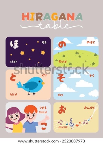 flat design cute kawaii hand drawn learn Japanese hiragana alphabet language flashcard collection