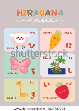 flat design cute kawaii hand drawn learn Japanese hiragana alphabet language flashcard collection