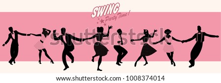 Swing Party Time: Silhouettes of four young couples wearing retro clothes dancing swing or lindy hop