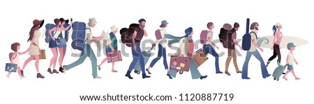 Similar – Image, Stock Photo Tourists with suitcases and masks on the platform next to the train