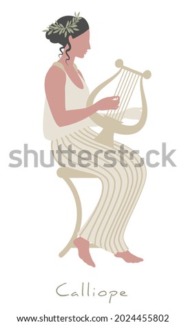 Girl wearing laurel wreath, dressed in ancient Greek style playing the lyre. Greek mythology. Muse Calliope. Isolated on white background.