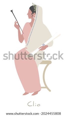 Girl wearing a laurel wreath and veil, dressed in the ancient Greek style, carrying a small trumpet and some scrolls. Greek mythology. Muse Clio. Isolated on white background.