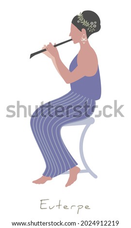Girl wearing flowers and leaves in her hair, dressed in the ancient Greek style, playing the flute. Greek mythology. Muse Euterpe. Isolated on white background.