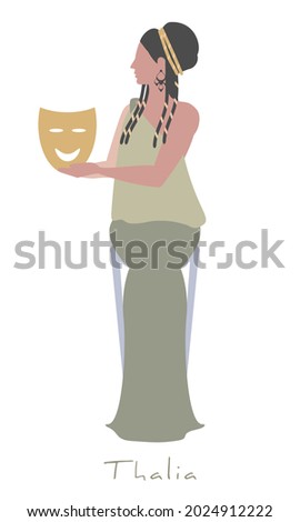 Girl dressed in ancient Greek style, holding a theatrical mask of comedy. Greek mythology. Muse Thalia. Isolated on white background.