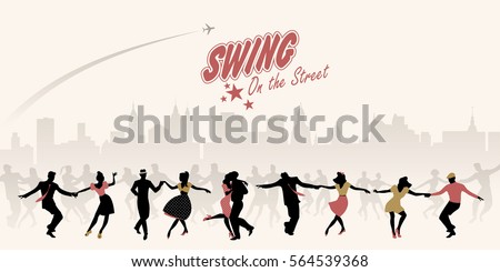 Group of young people dancing swing, lindy or rock n' roll on the street