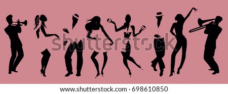 Silhouettes of people dancing salsa and musicians playing latin music