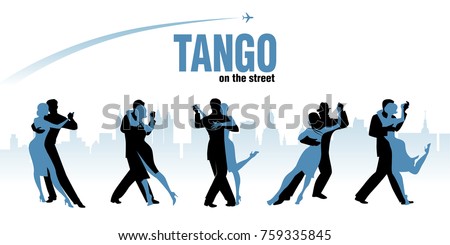 Five couples dancing Argentinian Tango. City skyline and plane flying on the background