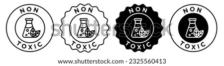 No toxic free icon. Black and white non chemical symbol set collection. Vector sign of lab flask with leaves outlined and filled. Environment safe emblem seal. poison free stamp badge.
