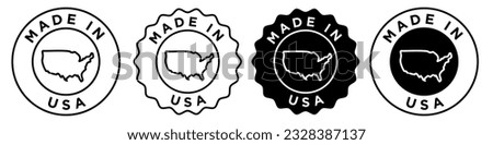 Made in USA Icon set collection. Badge style round circular vector sticker of United states of America map symbol for web app ui use. Stamp of us nations outlined  label. 