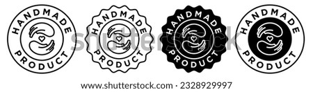 Handmade product icon set collection vector sign symbol of hand crafted skin, body, hair care products. Round circle stamp emblem badge of handcraft with love authentic pure certified web app ui logo