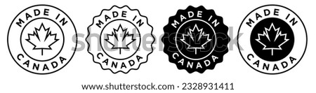 Made in Canada icon set collection. Vector emblem badge stamp sign symbol of Canadian maple leaf round circle certificate seal for web app ui use. Manufactured product black and white logo sticker 