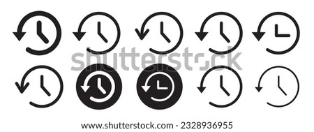 history icon set collection vector. Sign symbol mark of restore or reverse event clock. Black and white activity return time circle outlined and filled web app ui watch dial undo past outlined logo