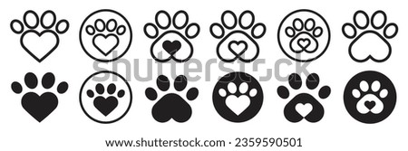 Paw print icon. Pet animal health care insurance symbol. Dog or cat footprint mark vector. Kitty paw with heart sign. Pet love logo.