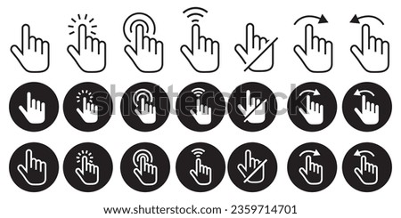 Touch click icon. Mobile phone screen zoom pan or swipe left or right side symbol. Hand finger gesture with arrow pointer to push or press the button vector set. Move cursor here sign.