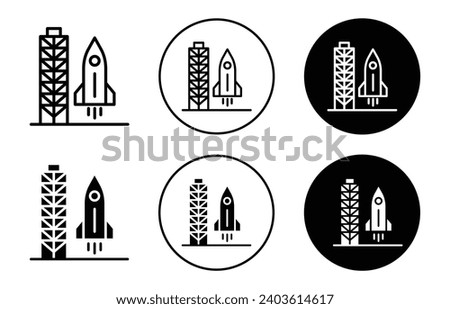 Spacecraft launch icon. spacecraft or spaceship launching facility complex with vertical mount carrier platform structure to support take off of rocket symbol vector set. rocket launch pad platform 