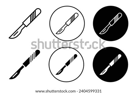 Scalpel icon. medical surgical surgery tool equipment use by doctor for postmortem body cut. operation treatment cutter blade instrument symbol. metallic surgeon knife or scalpel cutter vector 