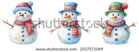 Three snowmen with hats and scarves are standing in a row. The snowmen are smiling and seem to be enjoying the winter season