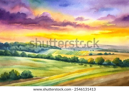 A painting of a field with a sunset in the background. The sky is filled with clouds and the sun is setting, creating a warm and peaceful atmosphere. The painting captures the beauty of nature