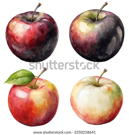 Four apples with different colors and one with a leaf. The apples are painted in watercolor and arranged in a grid